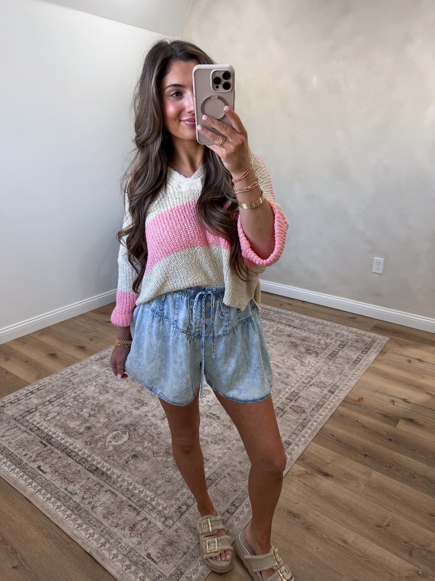 The Eliza Split Neck Stripe Sweater - coral pink