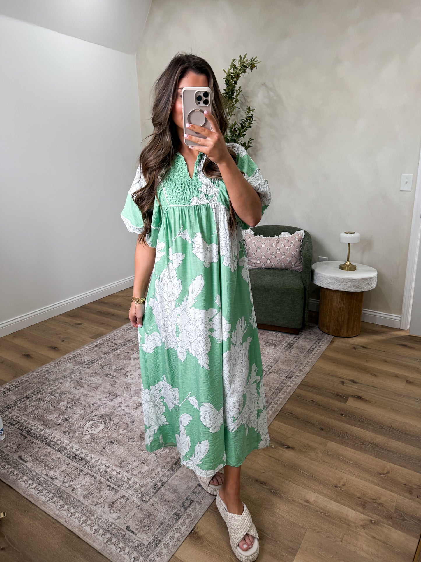 Sunshine Delight Floral Puff Sleeve Midi Dress - sage mix
