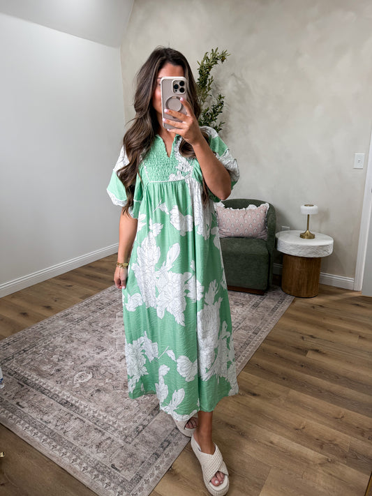 Sunshine Delight Floral Puff Sleeve Midi Dress - sage mix