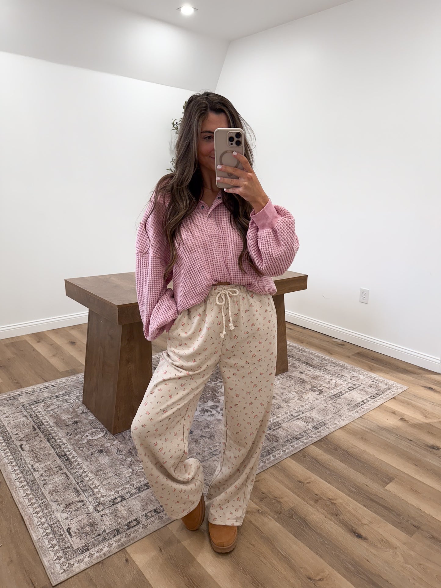 Button Down Waffle Knit Top- Pink