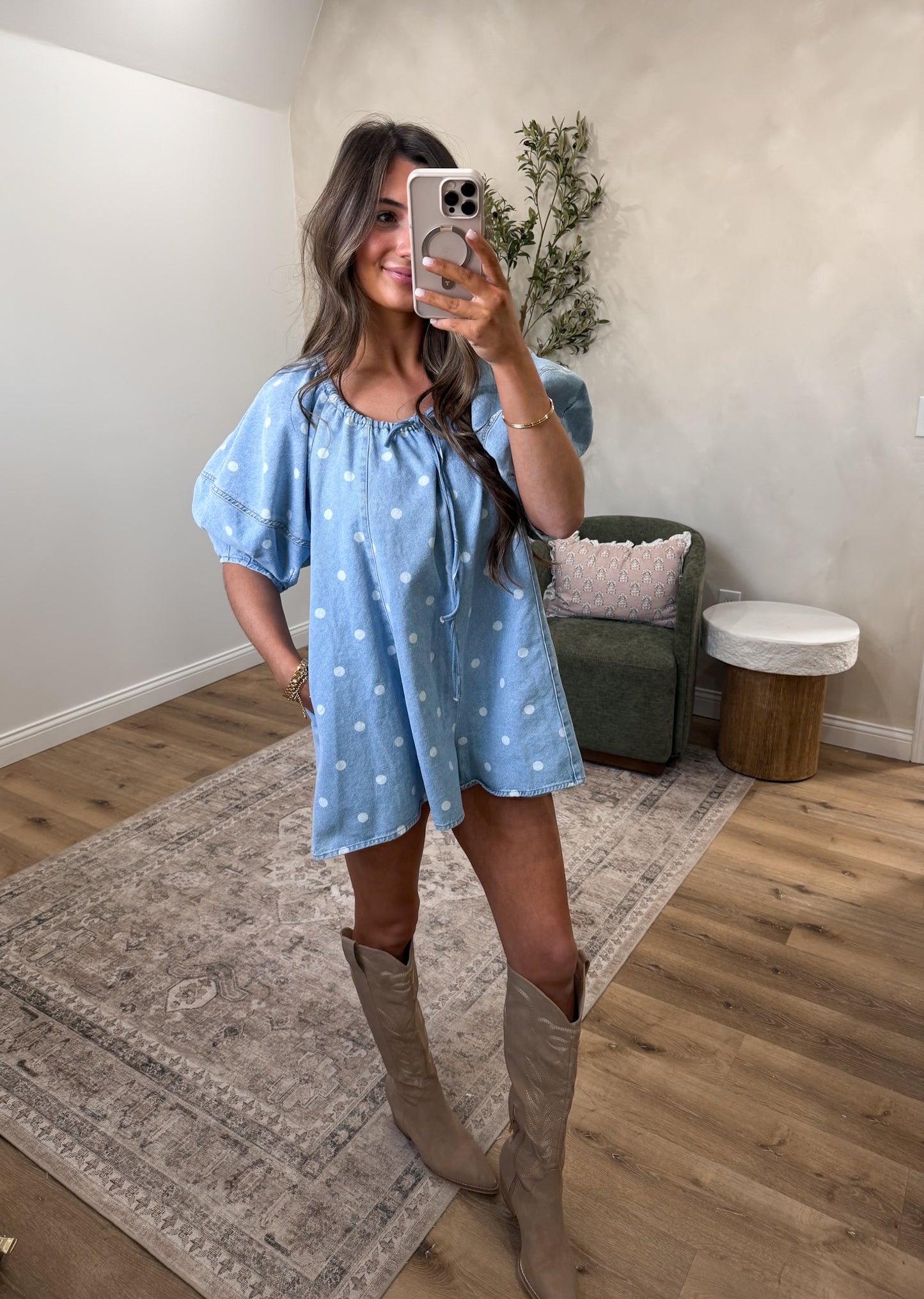 Tessa Polka Dot Bubble Sleeve Denim Romper - light denim