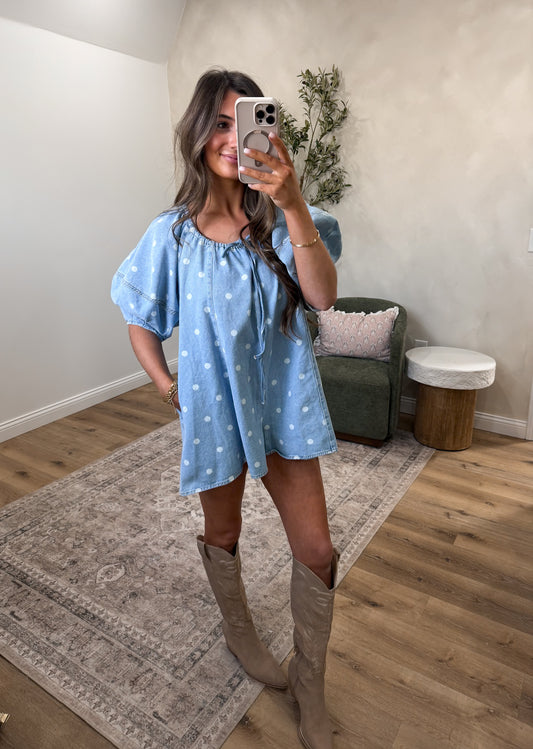 Tessa Polka Dot Bubble Sleeve Denim Romper - light denim