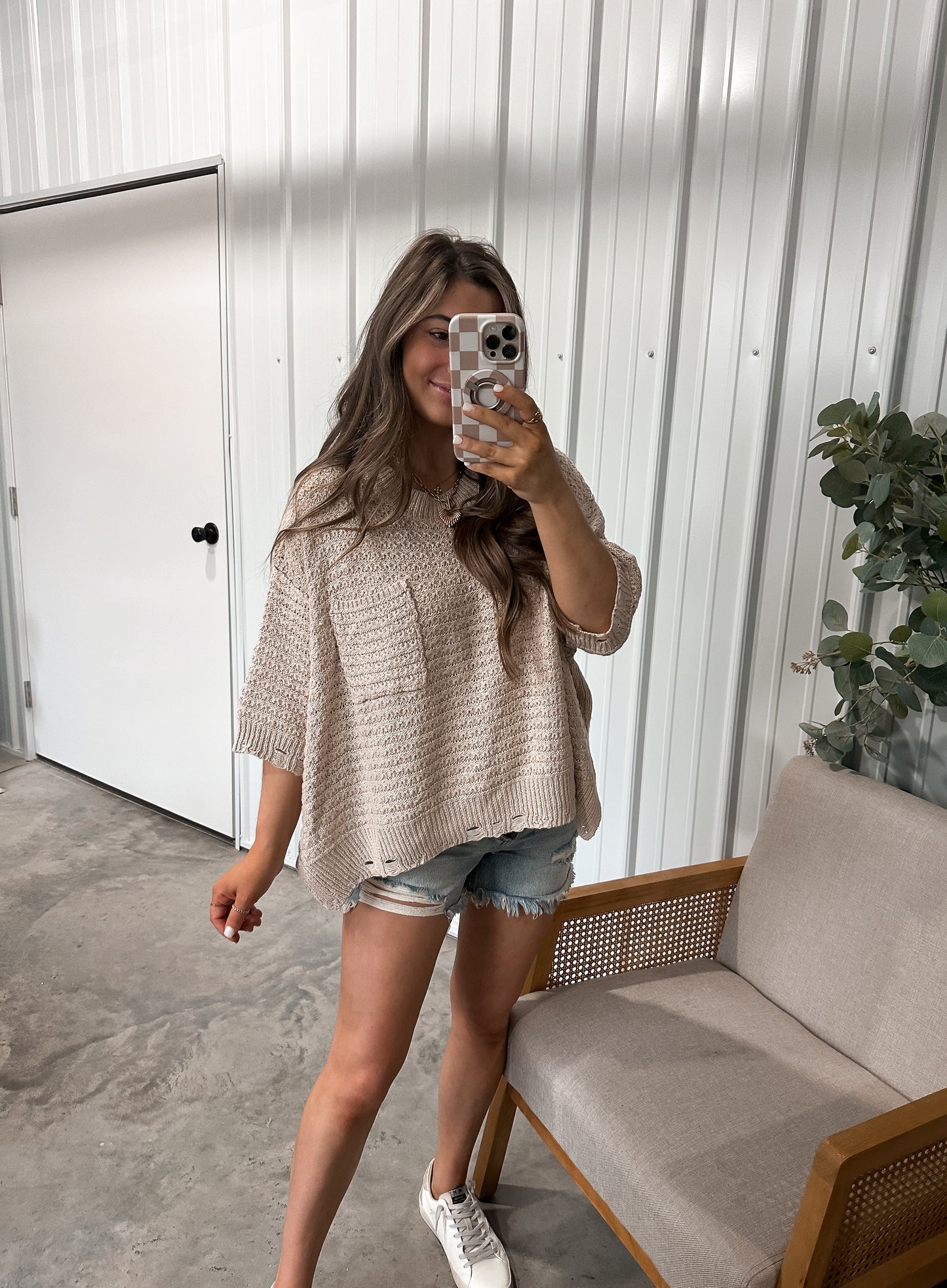 Shelby Faux Destroyed Sweater Tee - Taupe