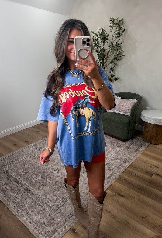 Western Cowboy Leopard Frame Graphic Tee - blue