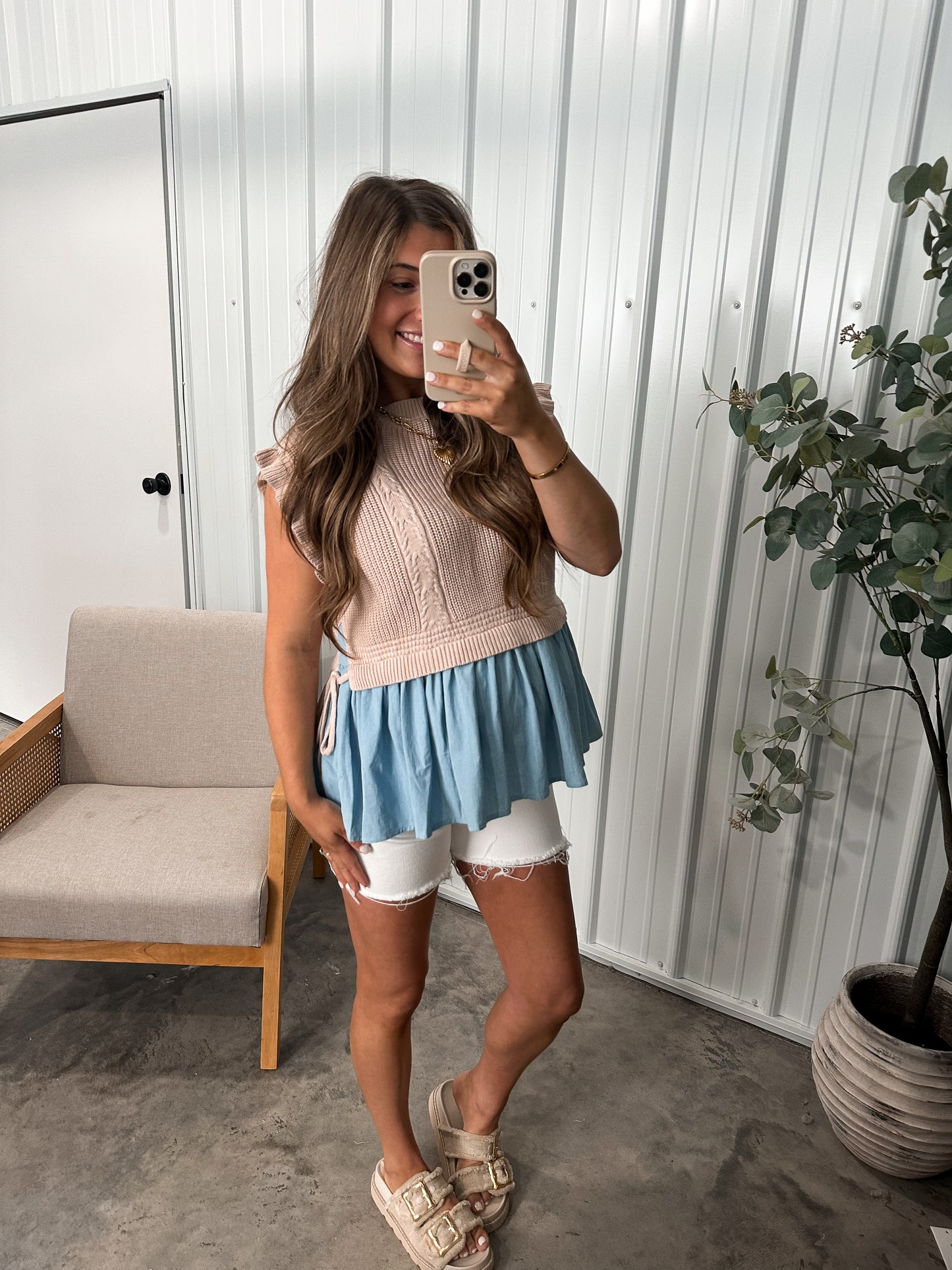 Chambray Peplum Blouse- Taupe/Blue