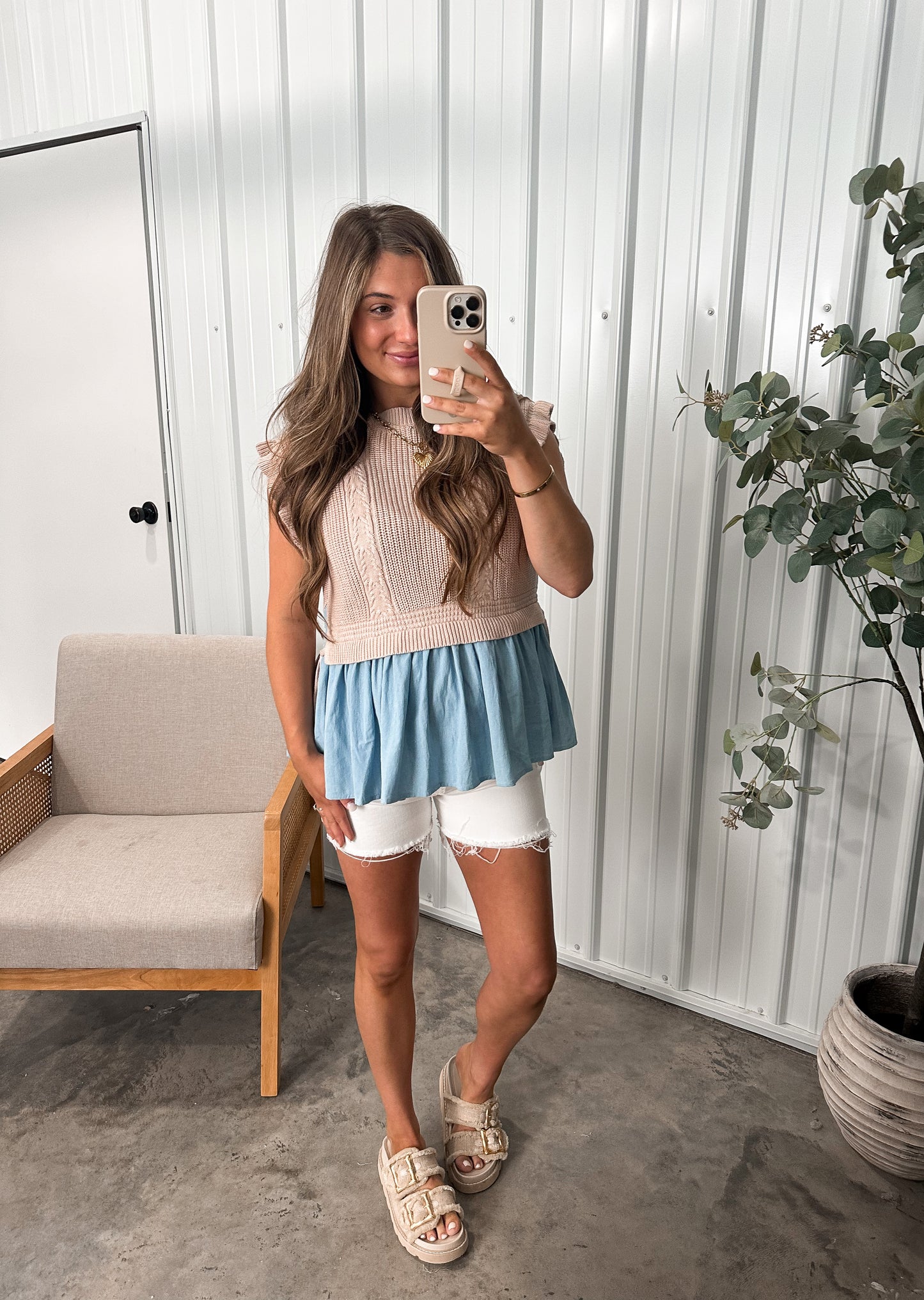 Chambray Peplum Blouse- Taupe/Blue