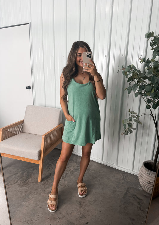 On the daily Romper Dress- Heather Green *restock*
