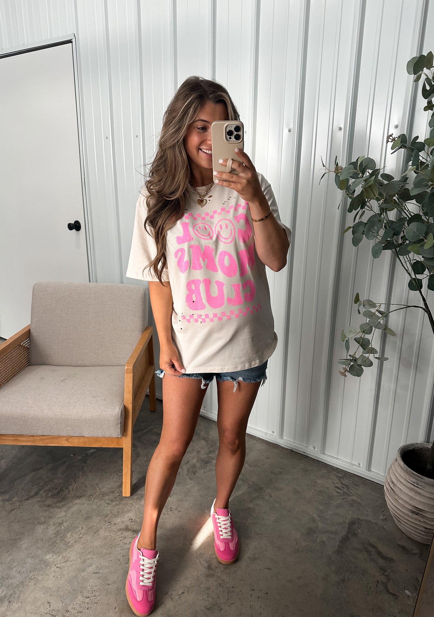 Cool Moms Club Distressed Tee- Light Khaki