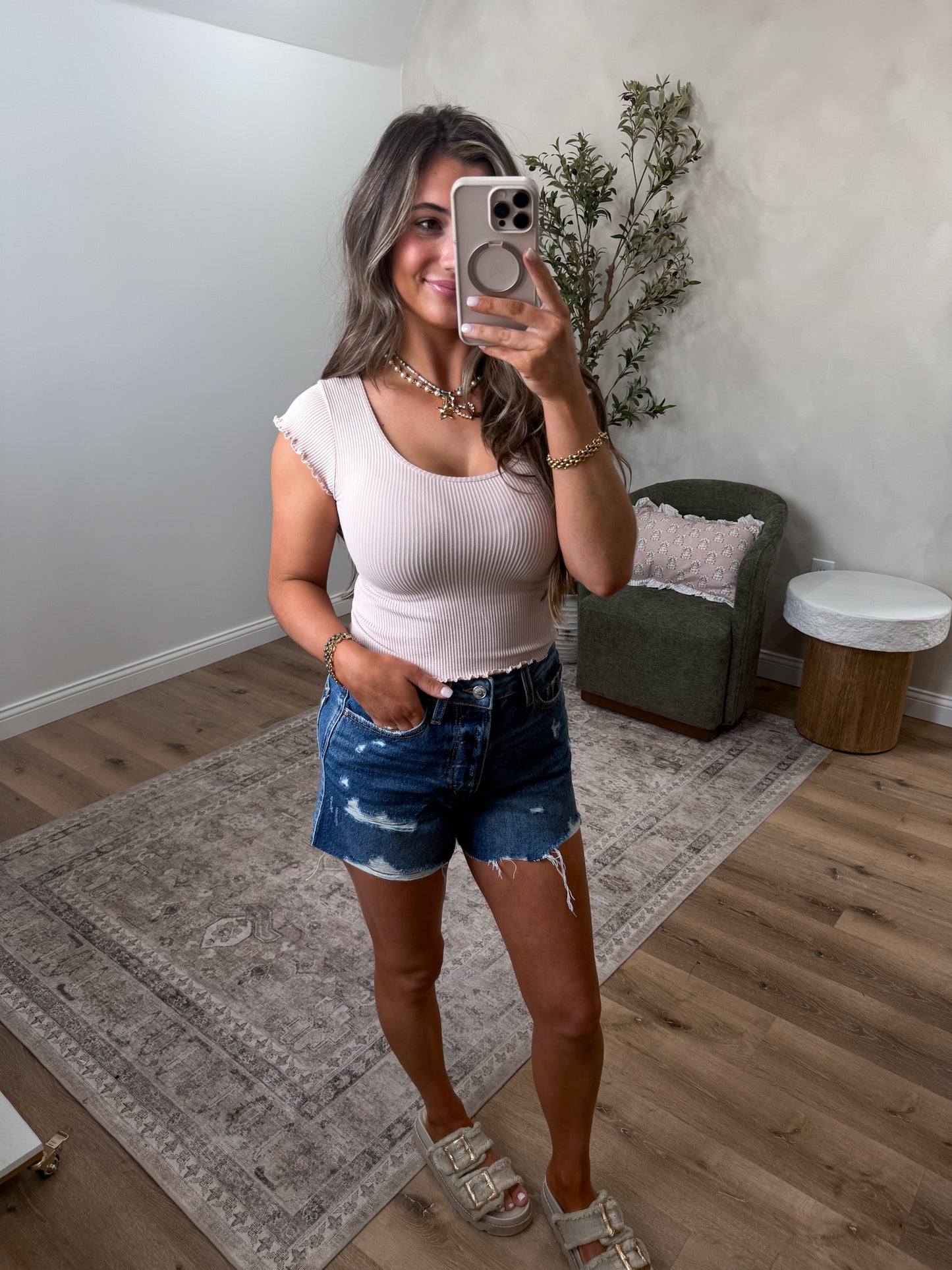 Lily Ribbed Crop Tee - ash rose