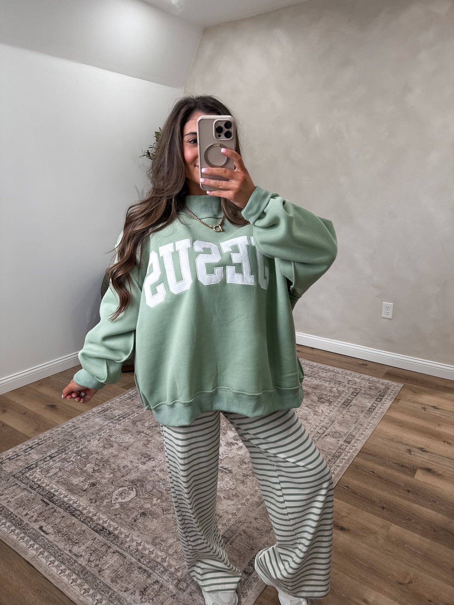 JESUS Embroidered Mock Neck - sage
