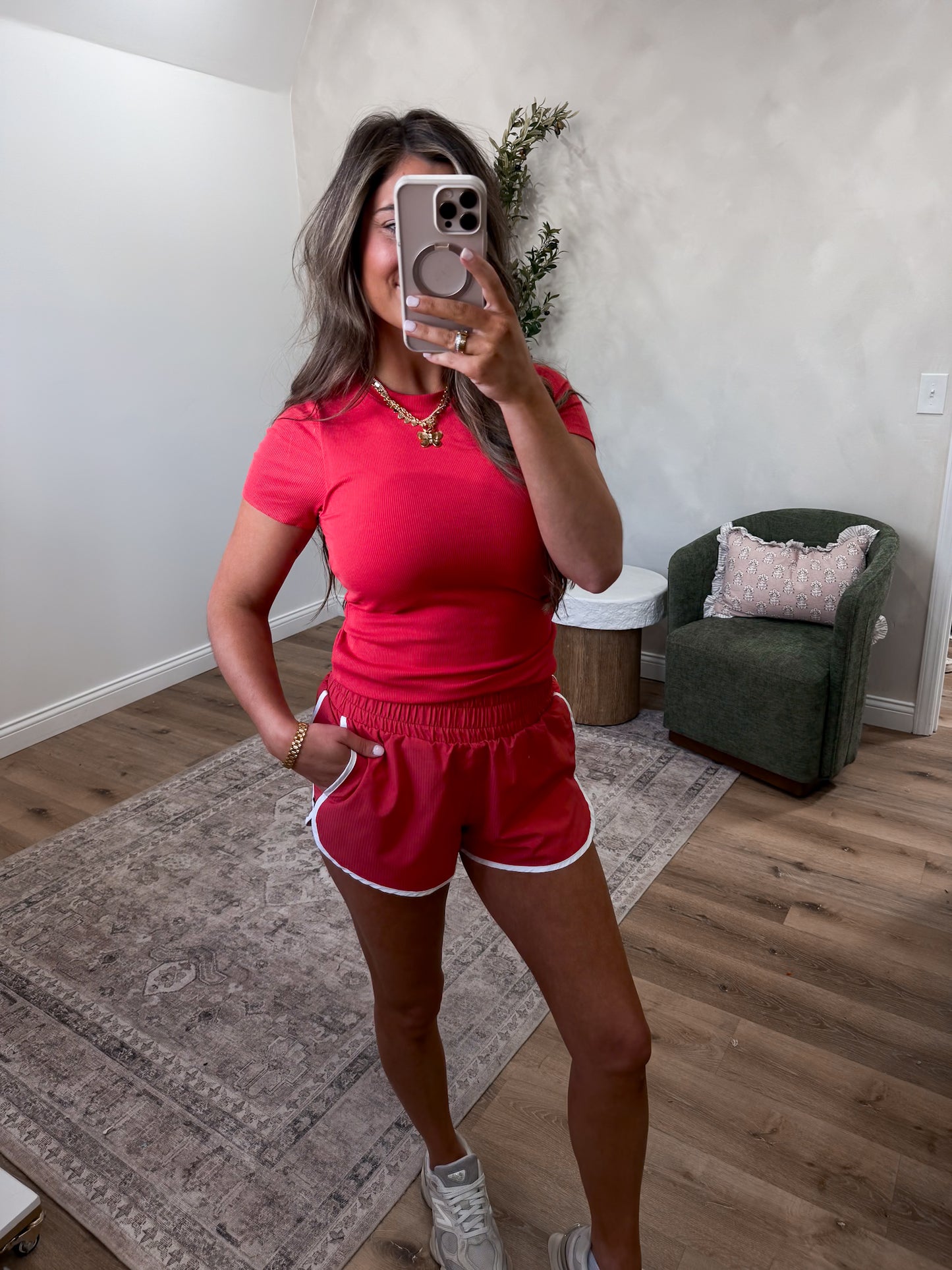 Padded Ribbed Athleisure Tee - blushed brick