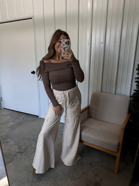 Off The Shoulder Foldover Knit Top- Mocha