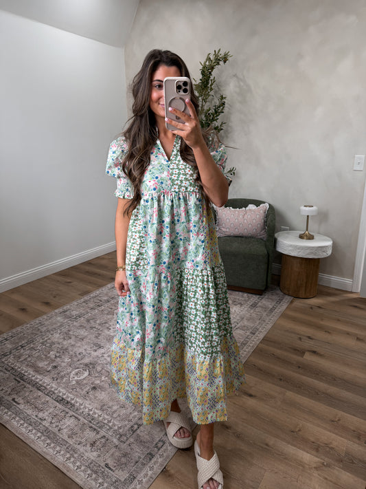 Festive Floral Tiered V-neck Midi - green mix