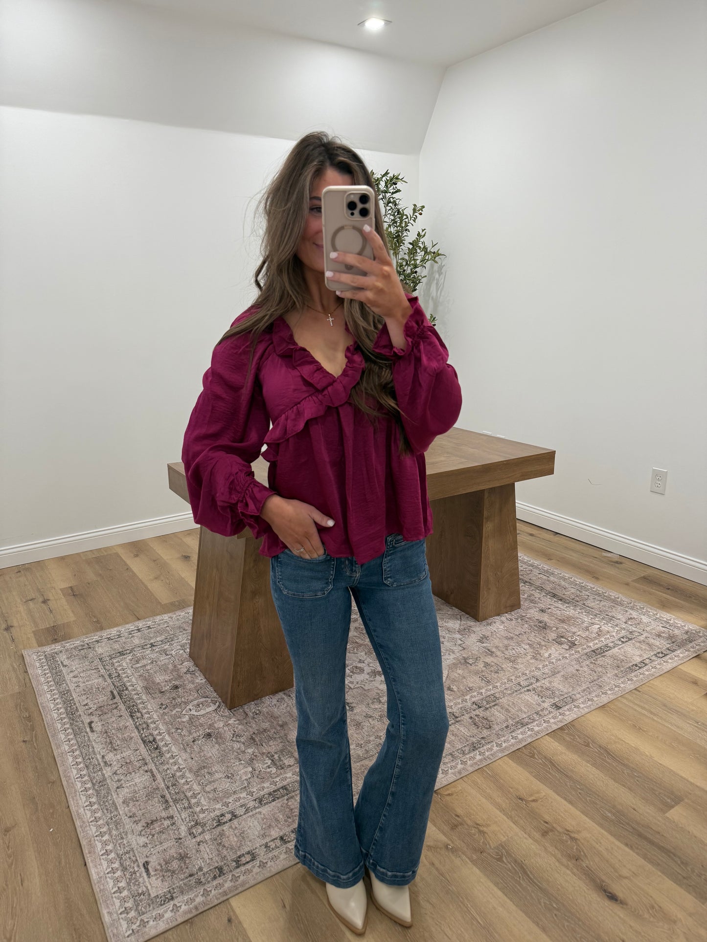 Satin Cross Ruffled Long Sleeve Blouse- Plum