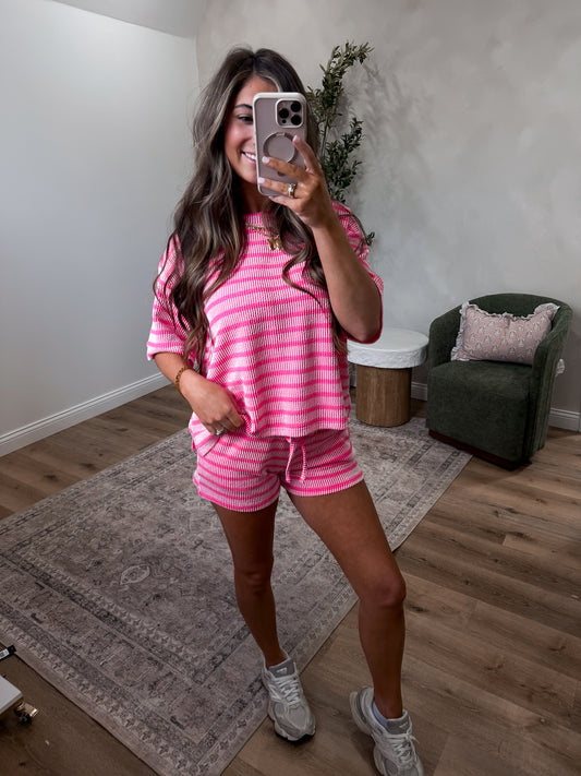 Comfort Stretch Striped Ribbed Short Set - hot pink