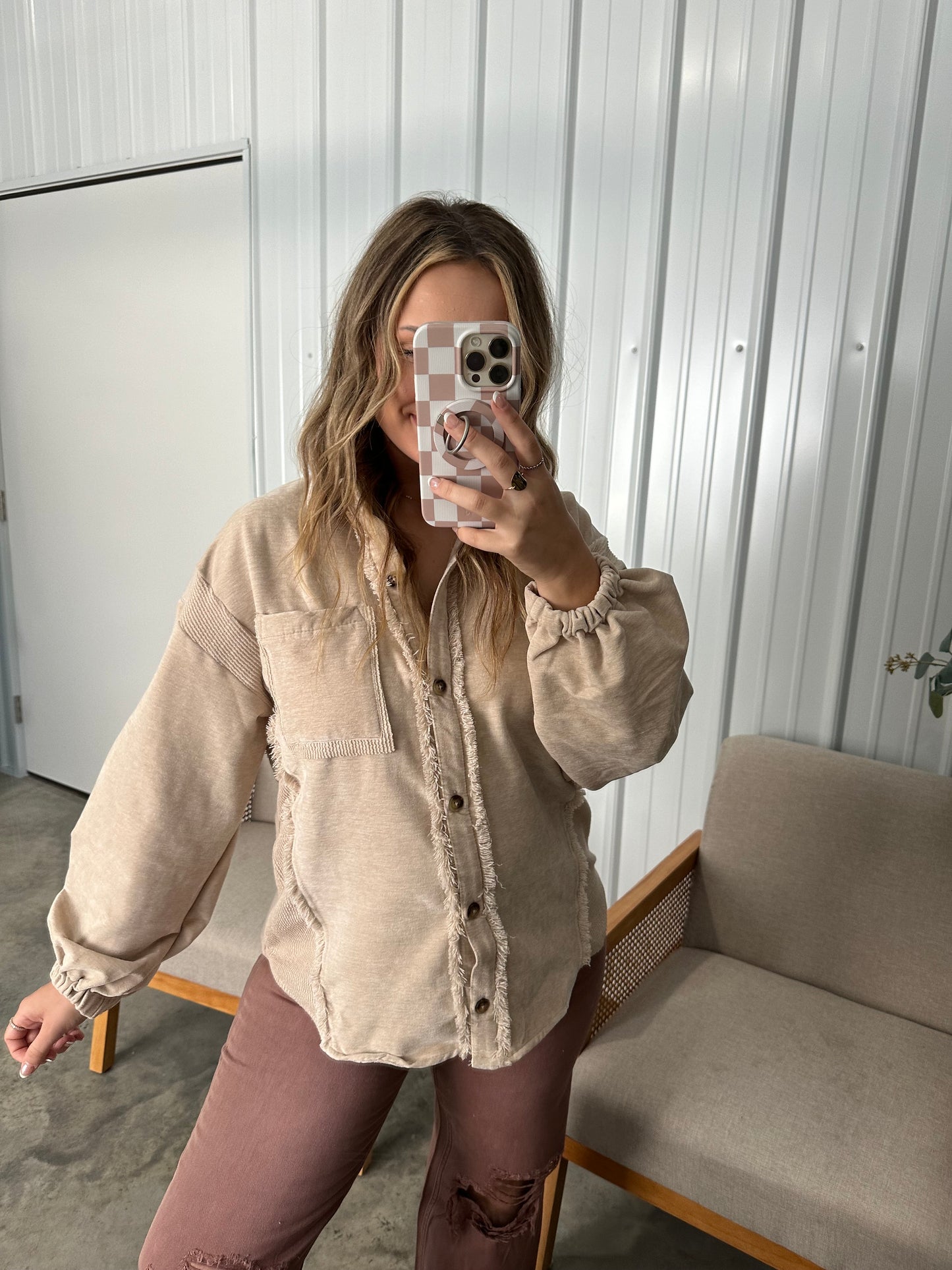 Mixed Media Button Down Cozy Shacket Jacket