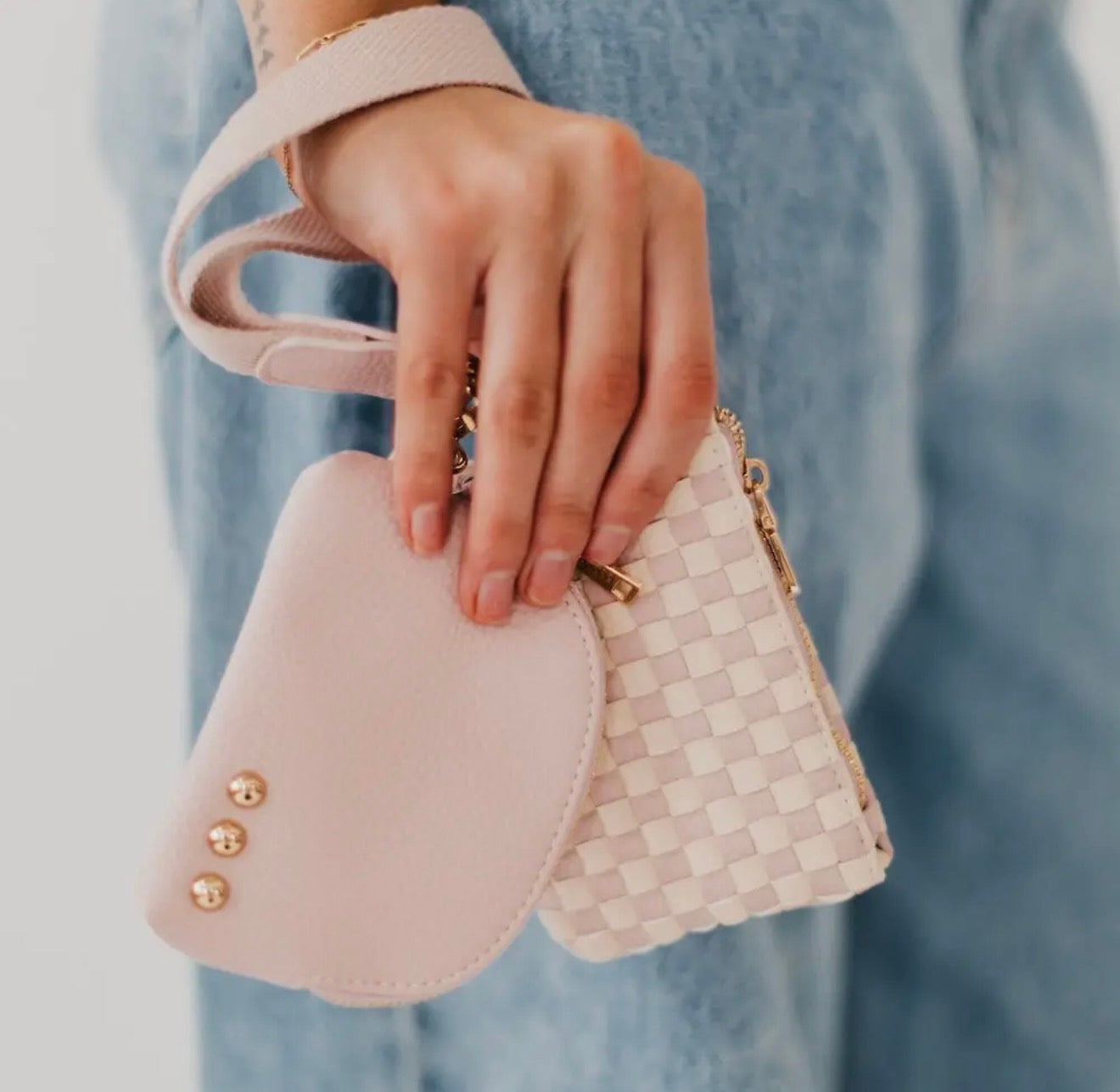 Wonderlust Woven Dual Pouch Wristlet - blush checkered