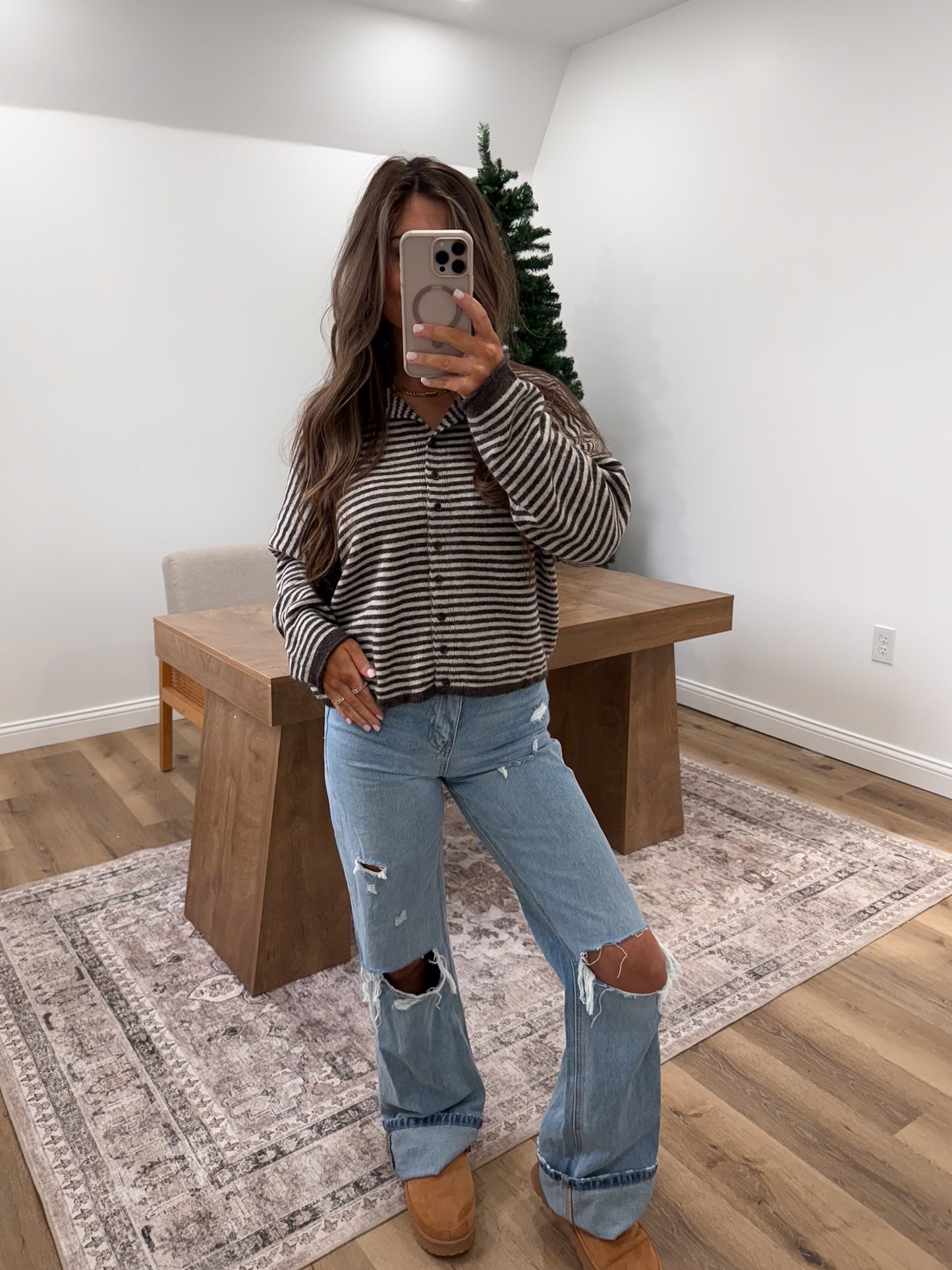 Stripe Raw Edge Drop Shoulder Knit Cardigan- Dark Brown