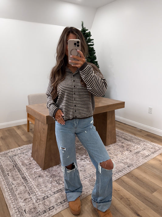 Stripe Raw Edge Drop Shoulder Knit Cardigan- Dark Brown