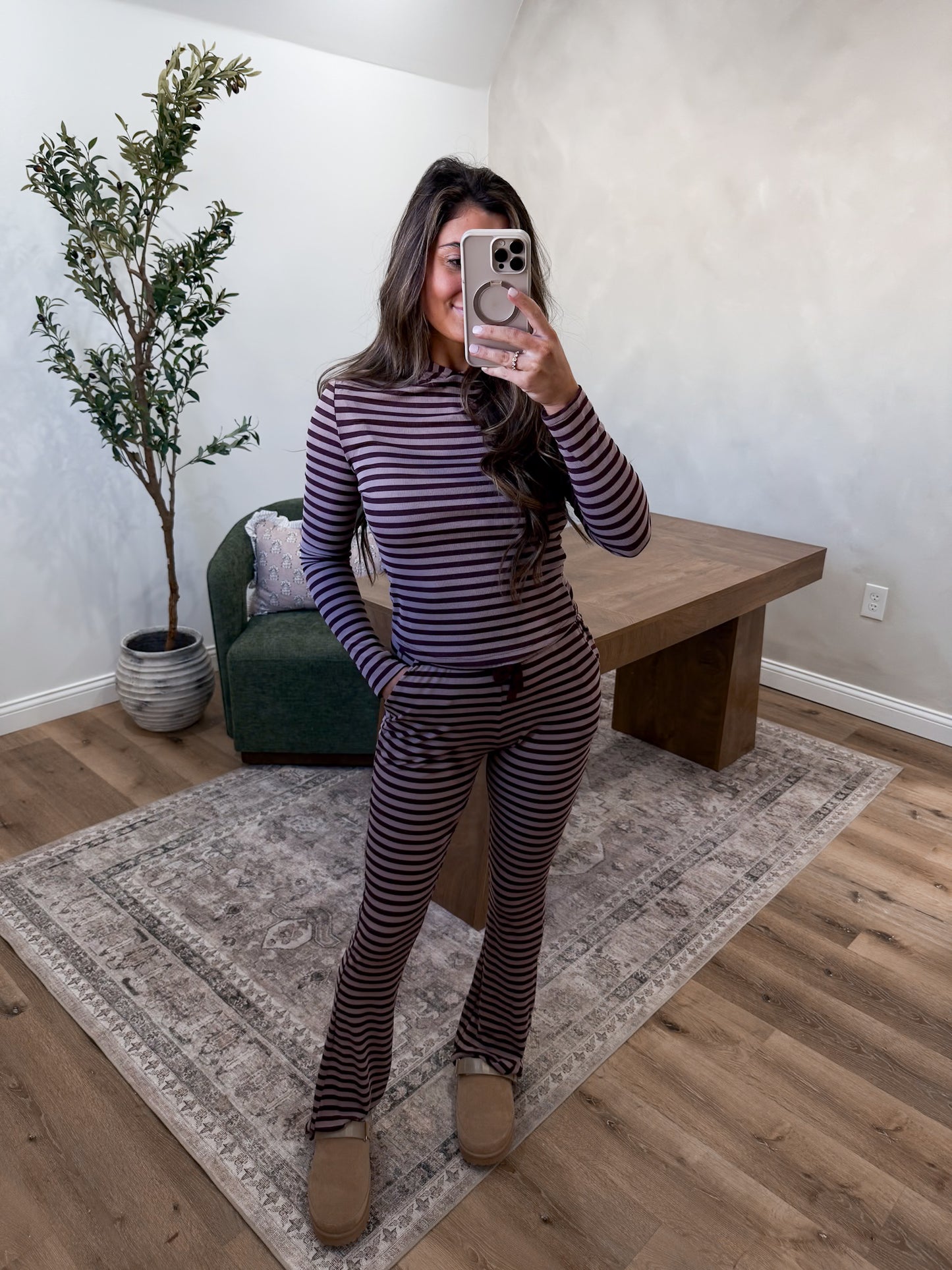Jade Modal Striped Lounge Set- Burgundy/Mauve