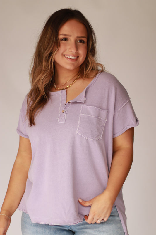 Garment washed short sleeve henley- lavender