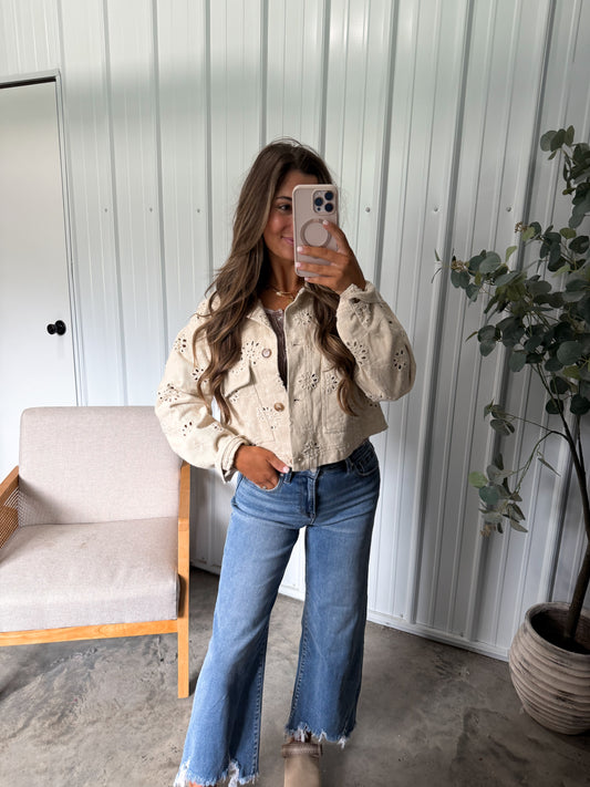 Eyelet Trucker Jacket- Beige