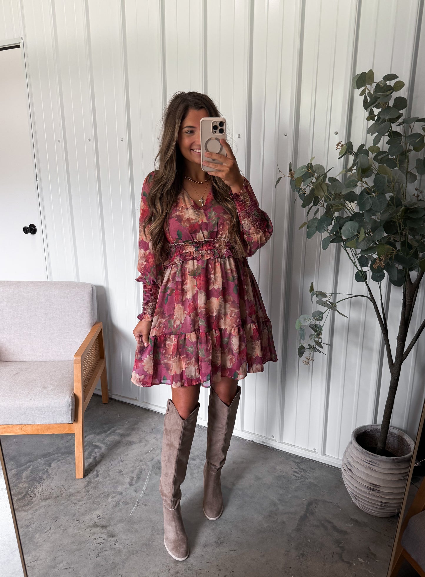Plumeria Long Sleeve Floral MIni Dress