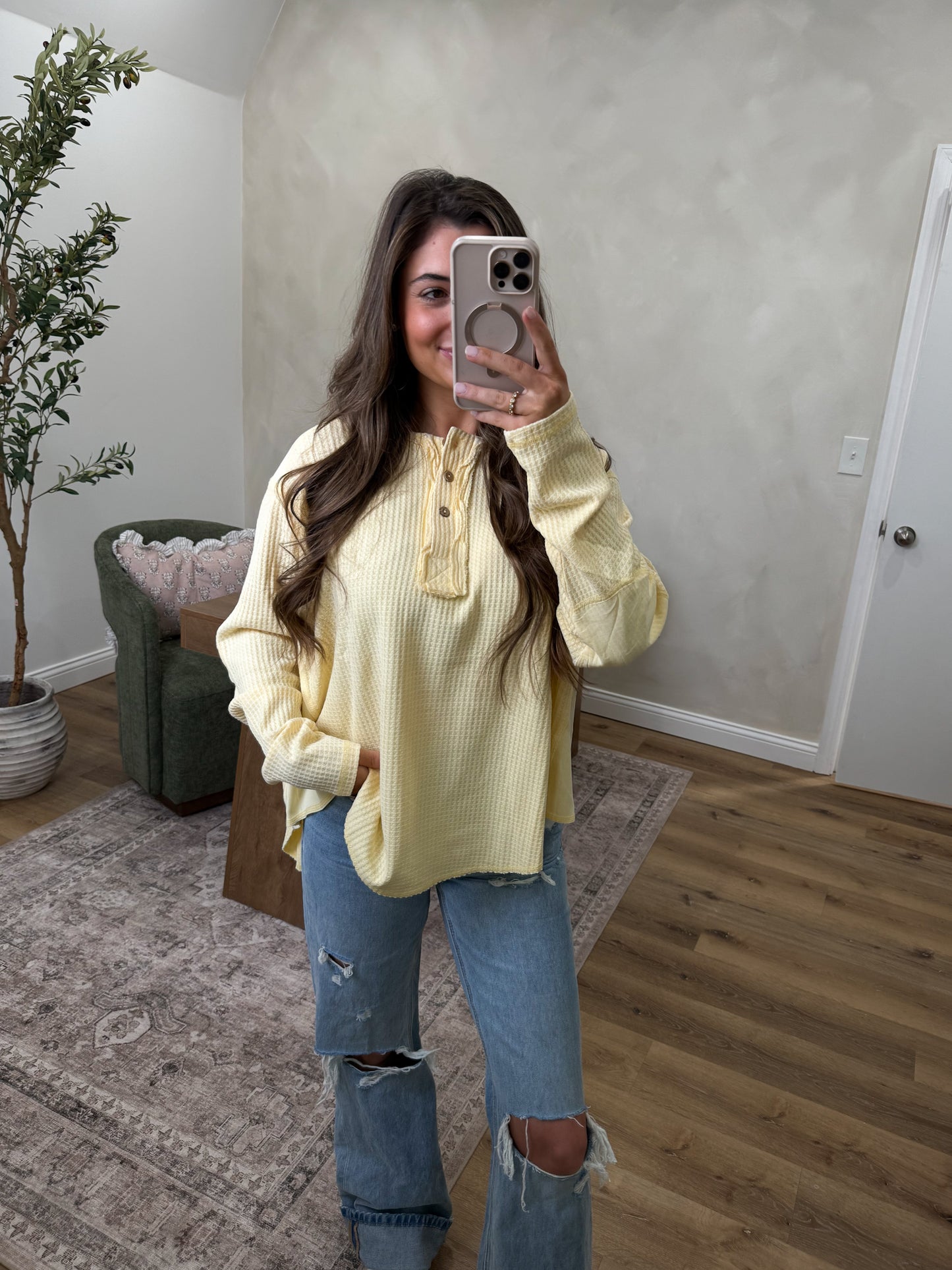 Aria waffleknit Henley - Butter Yellow