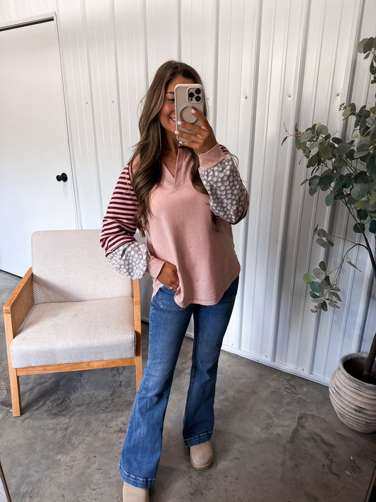 Terri Thermal Knit Patchwork Pullover- blush