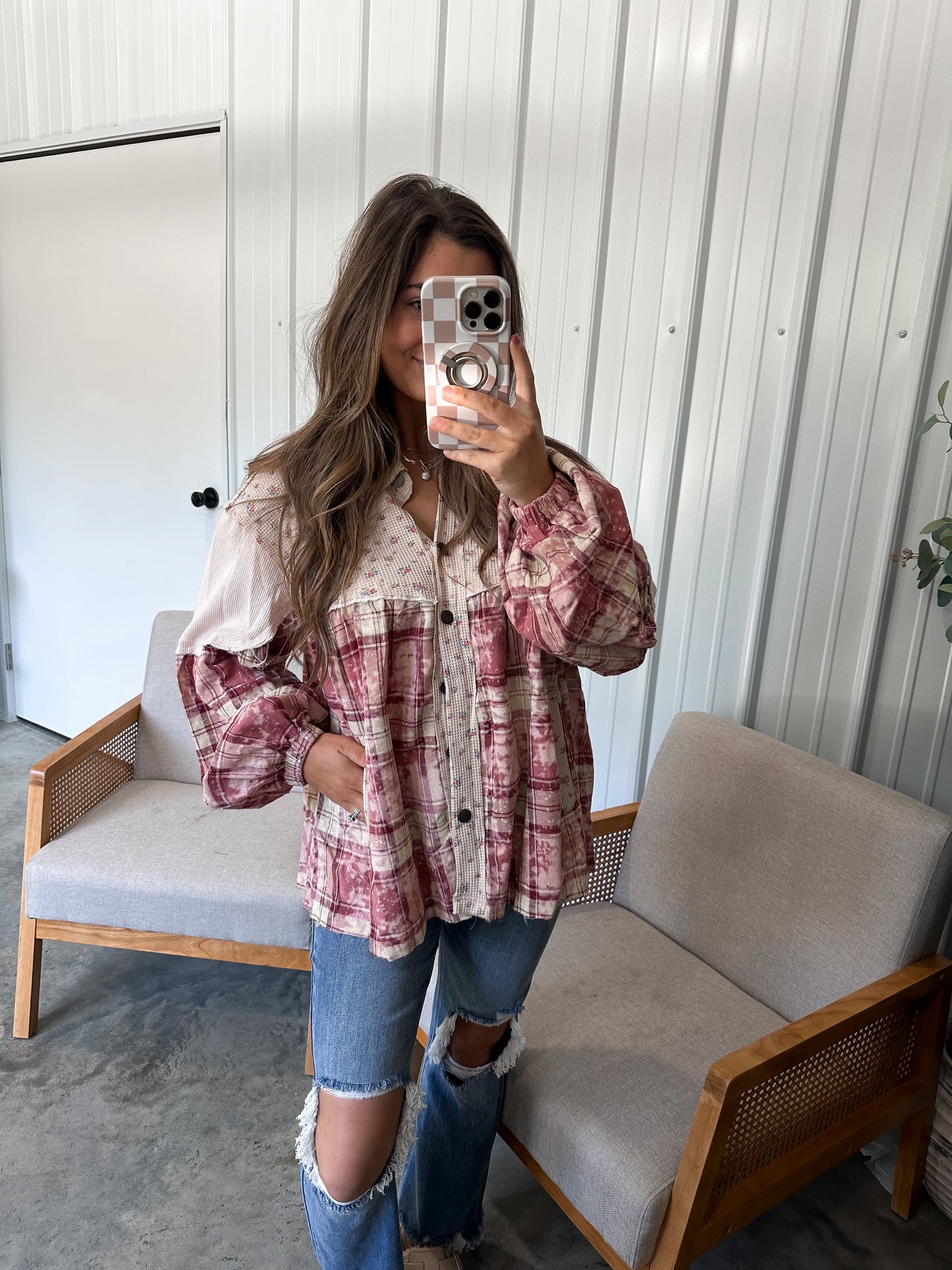 Penelope Plaid Printed Balloon Sleeve Blouse