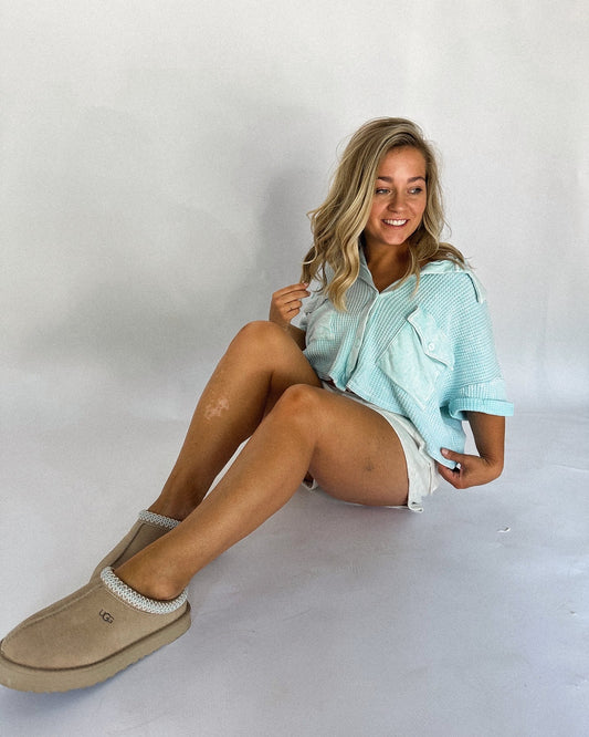 Happiest Here Waffleknit Pullover- Seafoam