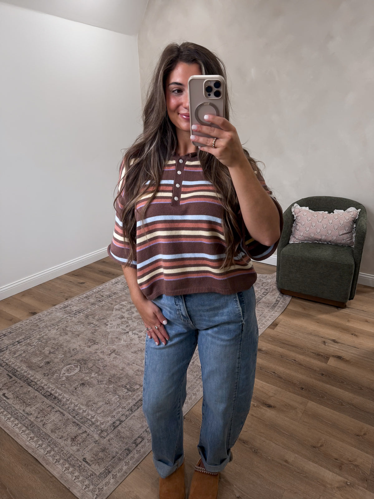 Rust & Retro Striped Henley Knit Top - brown multi