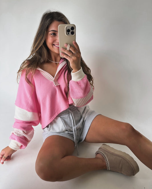 The Cropped Avery Pullover- Pink/Cream