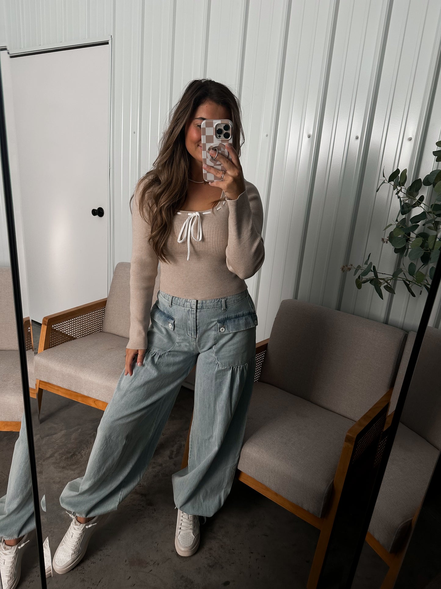 Tie Hem Wide Leg Denim Pants