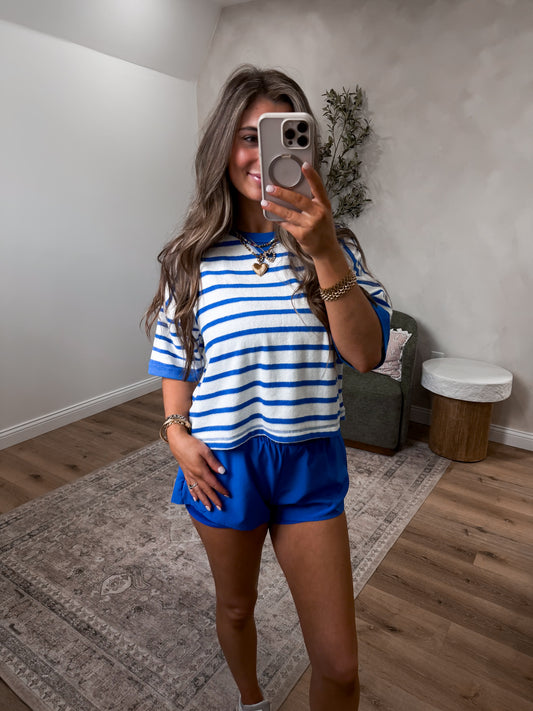 Cassie Casual Comfy Striped Top - white/blue