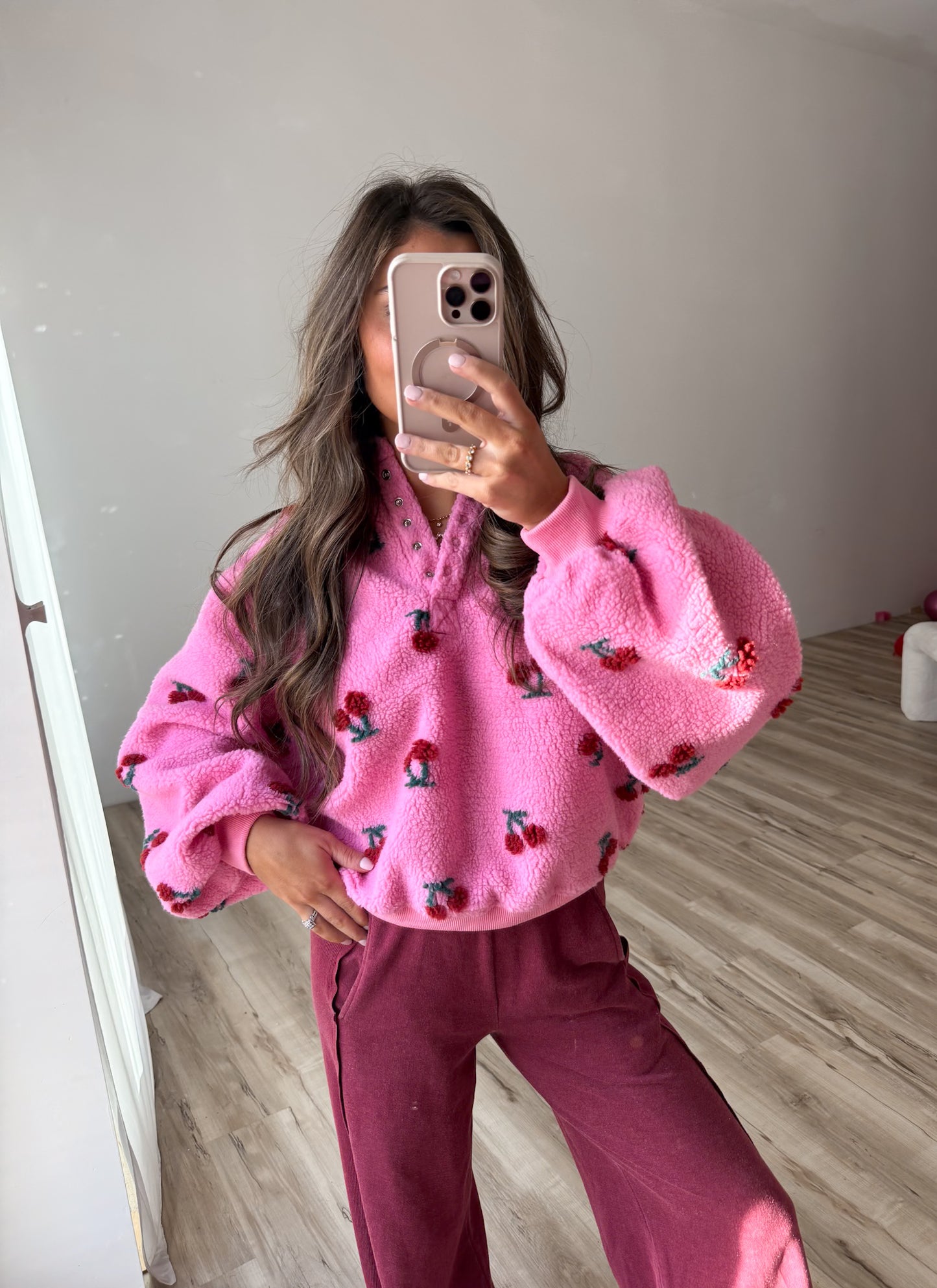 Cherry On Top Sherpa Pullover- Pink