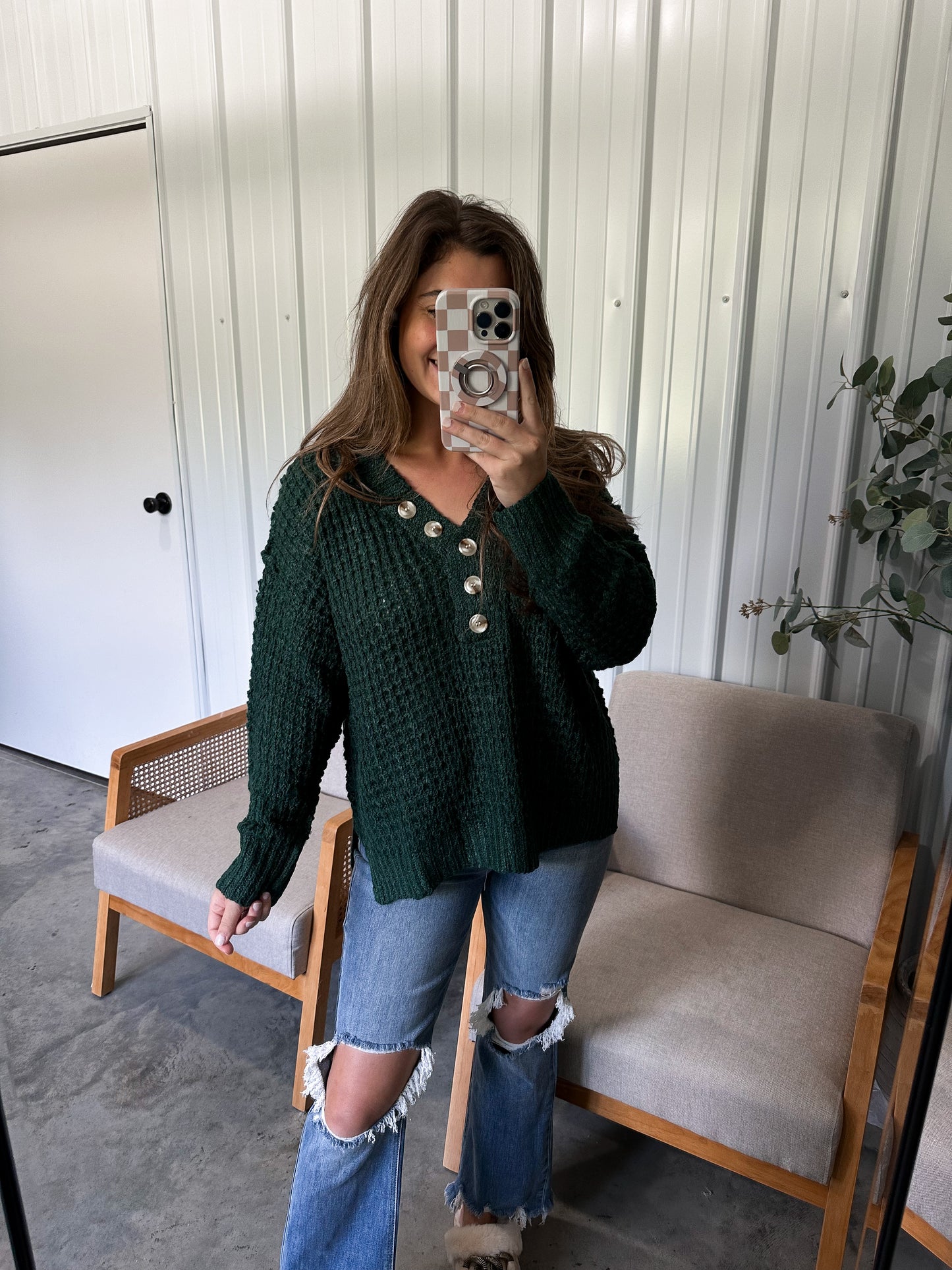 Victoria Knit Henley Sweater - Hunter Green