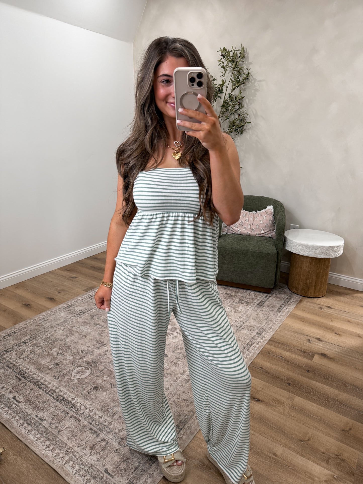 Breezy Belle Striped peplum Lounge Set - sage green
