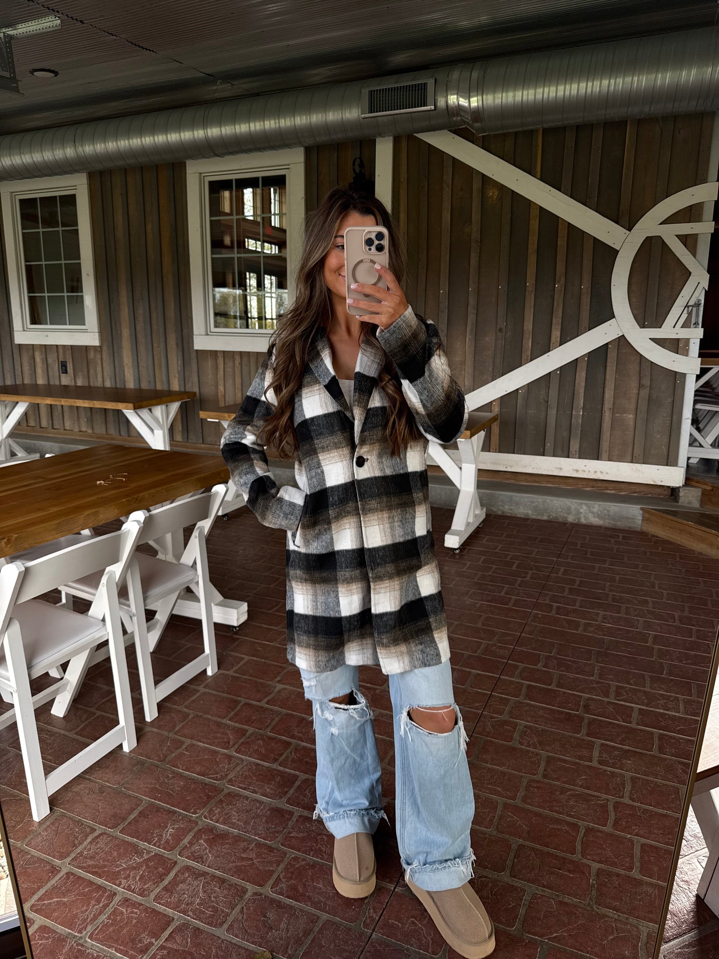 Long Sleeve Plaid Coat- Black