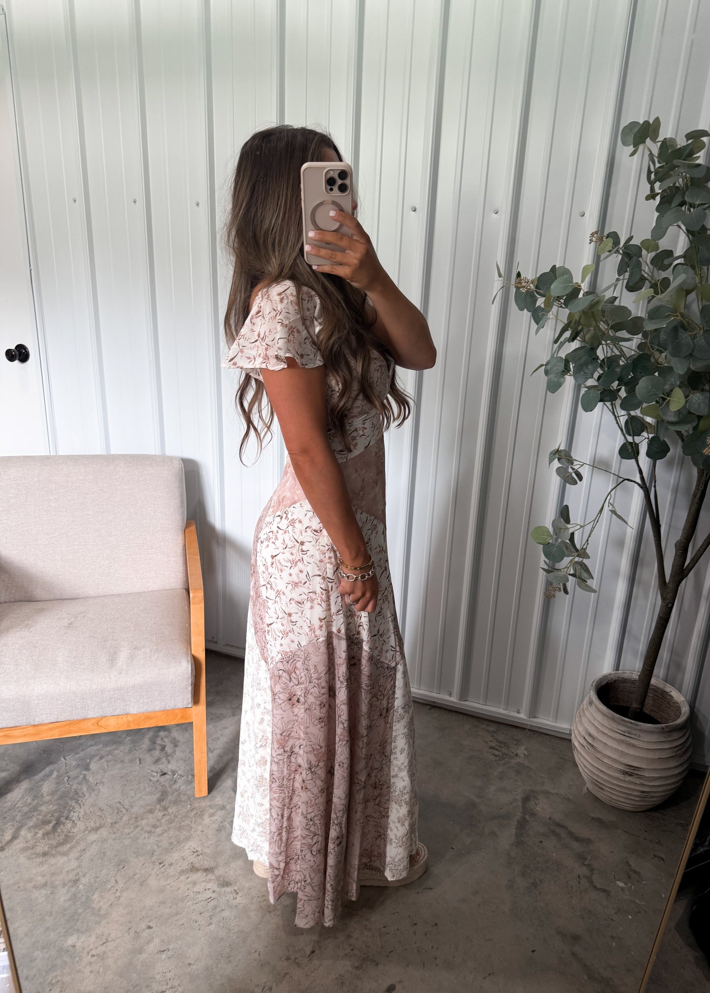 Mixed Print Maxi Dress- pink/cream