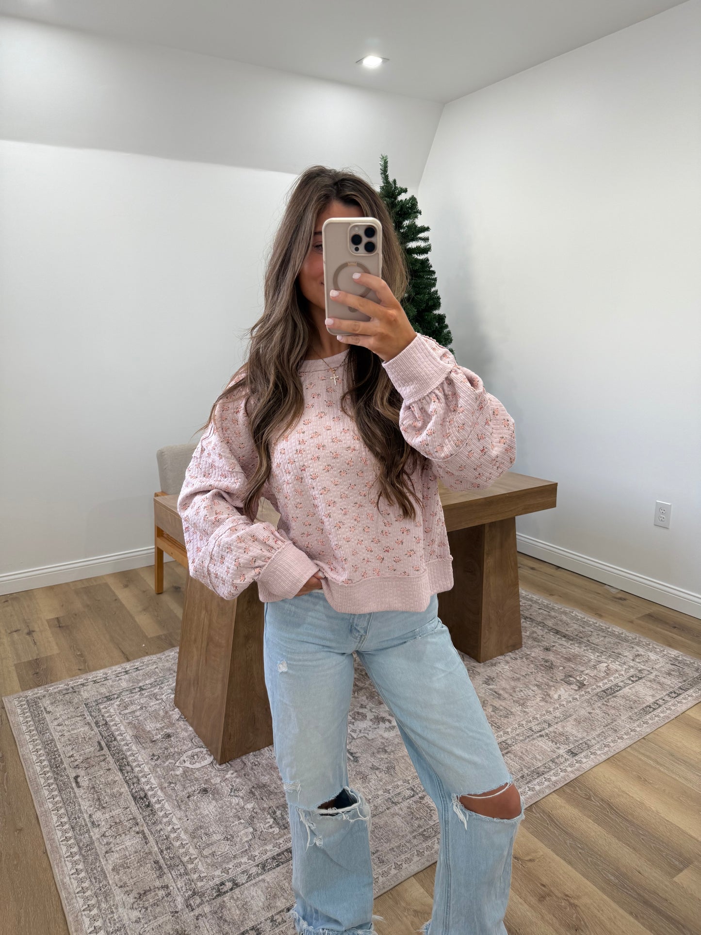 Casual Knit Floral Top- pink