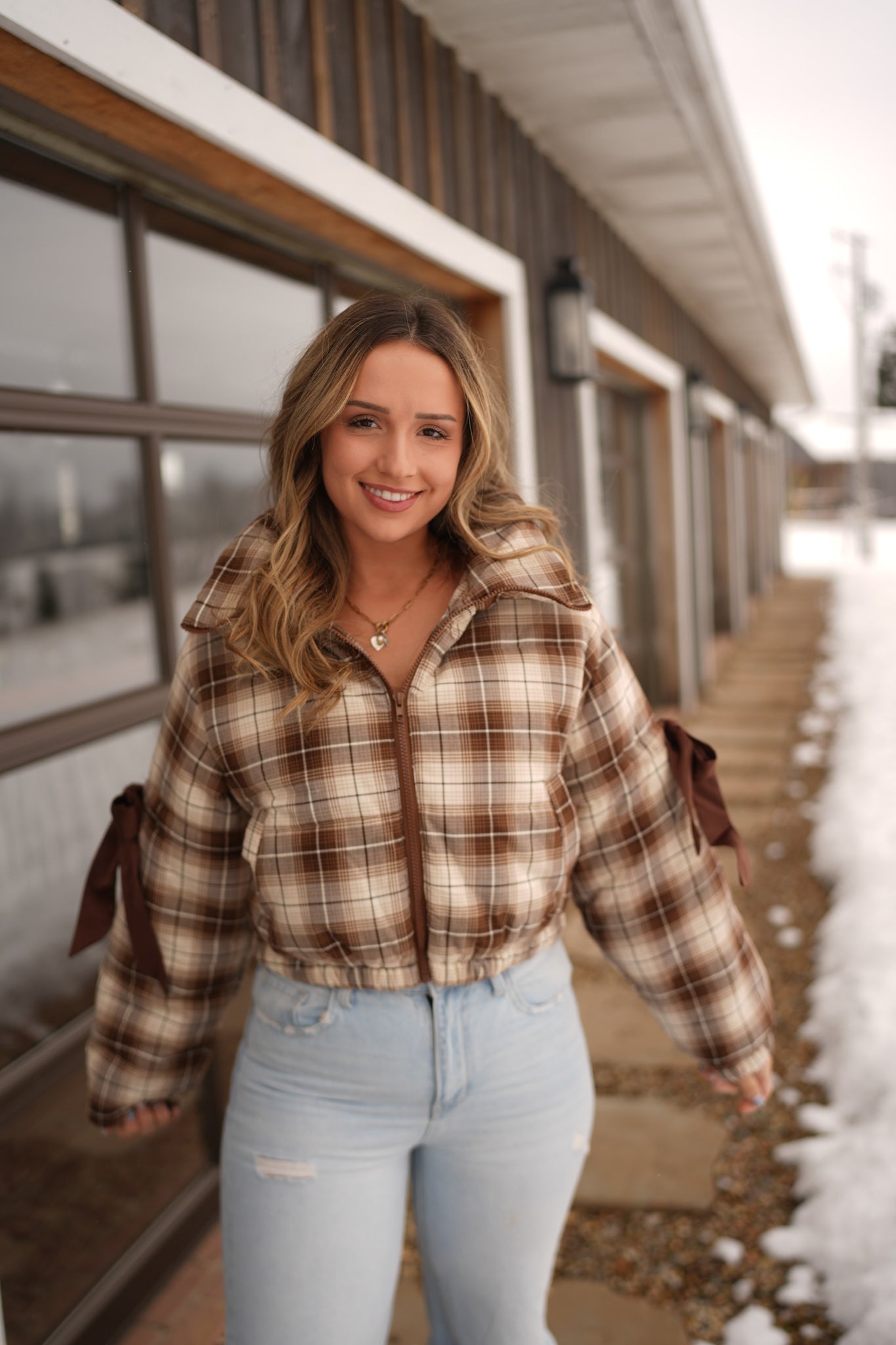 Satin Ribbon Puffer Jacket - brown/ivory