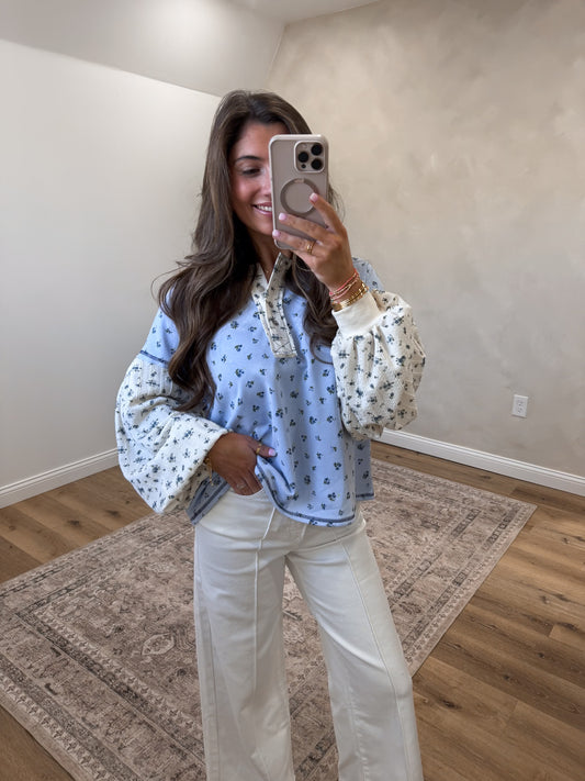 Sky Bloom Buttoned Floral Top - light blue