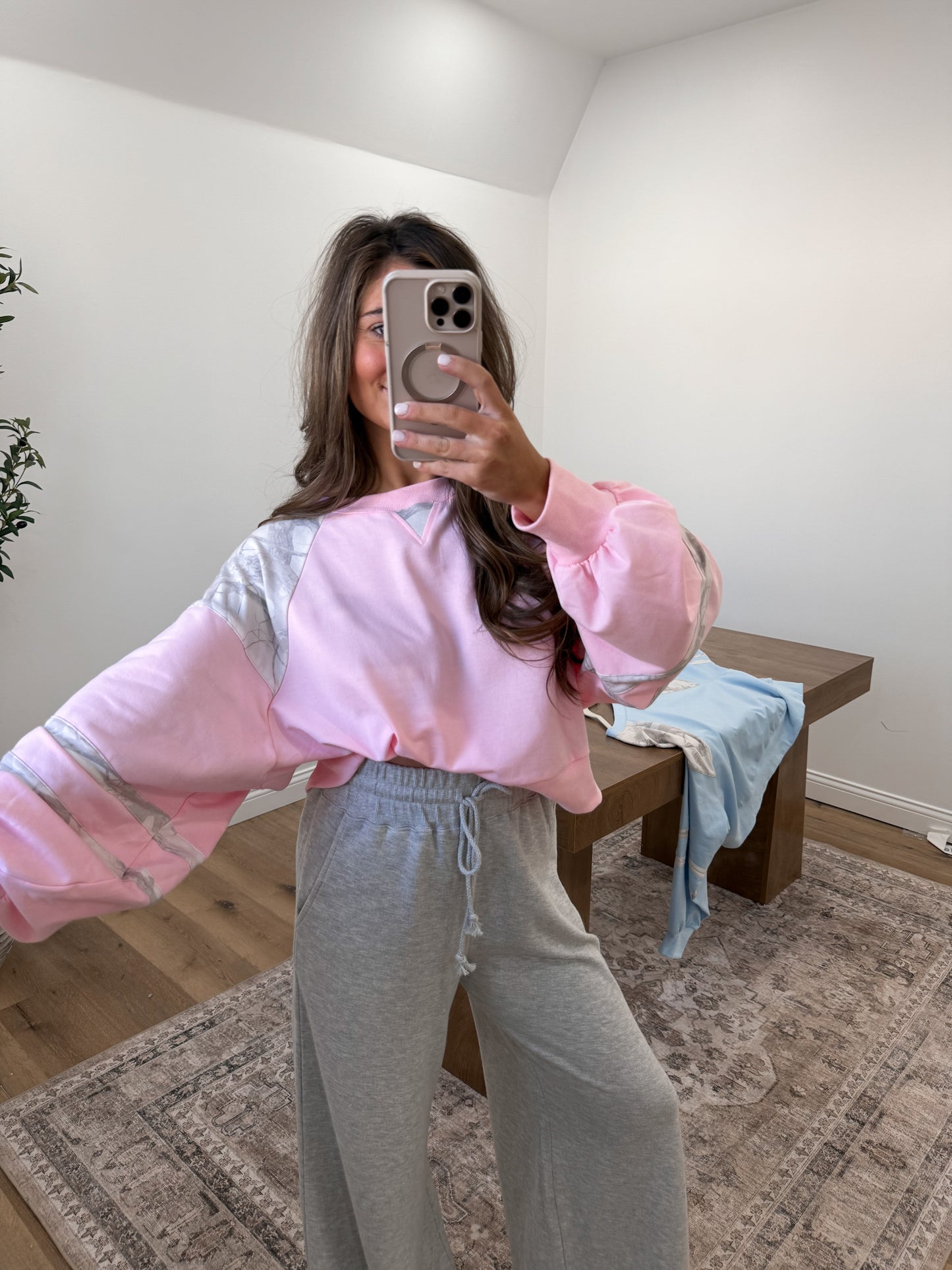 Colorblock Patched Camo Pullover-  pink