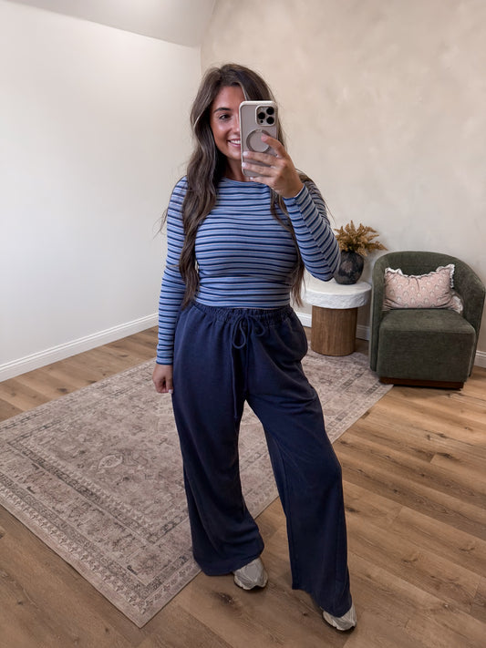 No Rush wide leg Mineral Washed Lounge Pants - navy *RESTOCK*