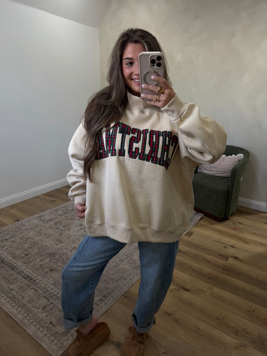 CHRISTMAS Plaid Mock Neck Pullover - oatmeal