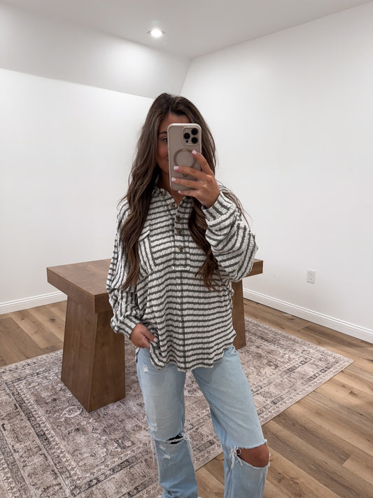 Textured Striped Collared Top- Olive