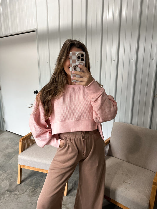 Buttery Soft Cropped Waffleknit Pullover - Pink