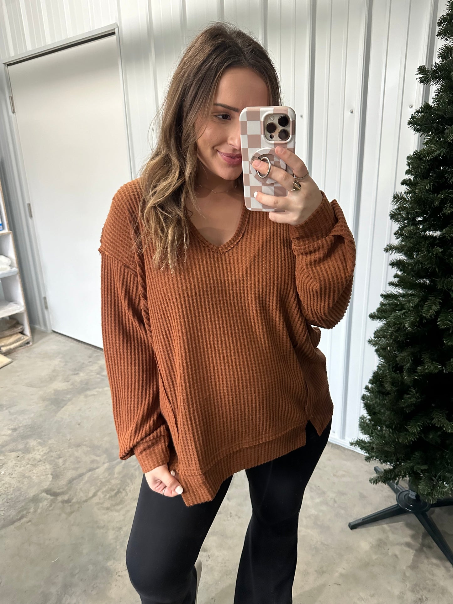 Notched Waffleknit Pullover- 2 colors