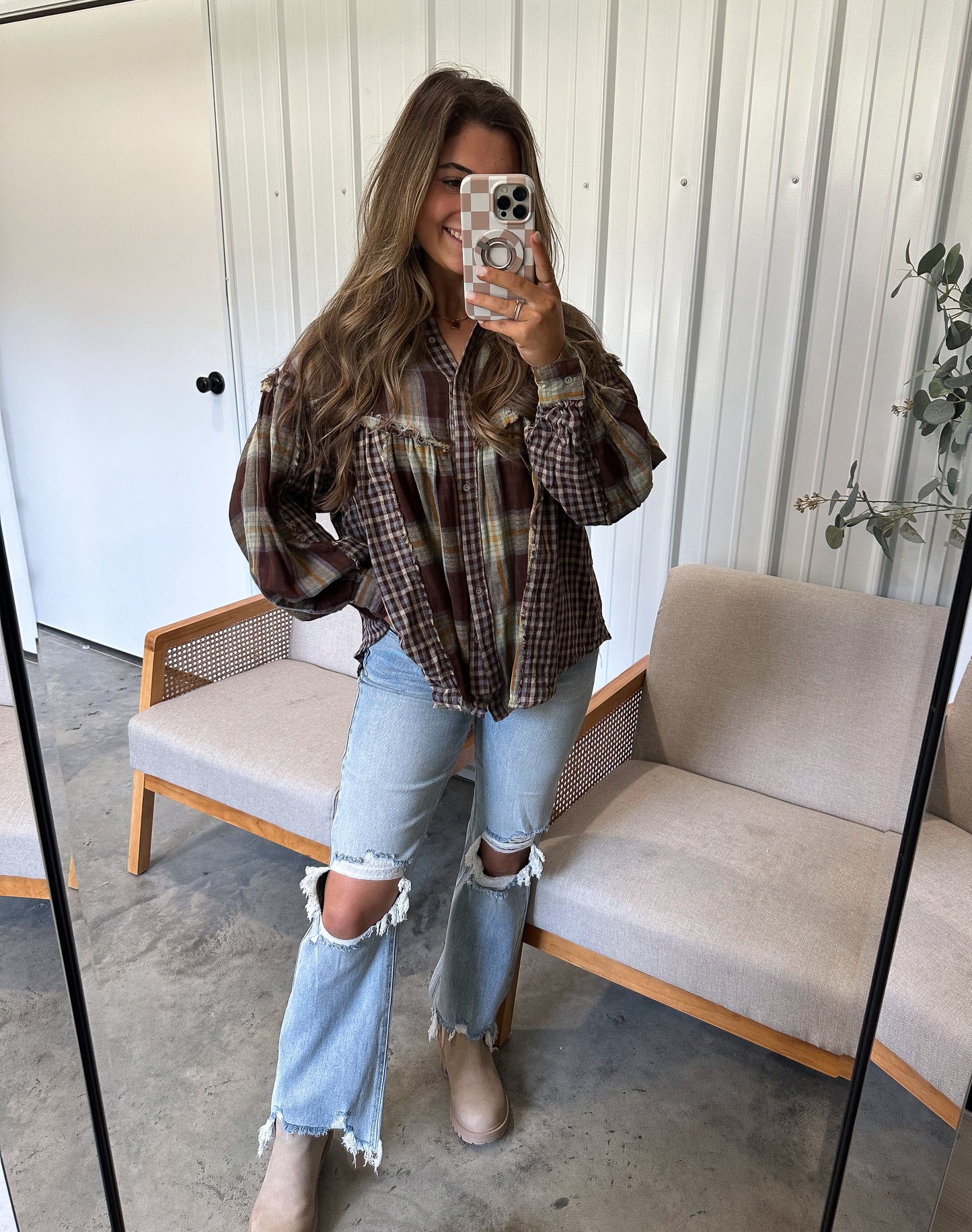 Maria Mixed Plaid Blouse - Mocha